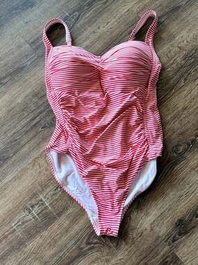 NipTuck Swim Red and White Striped Ruched One Piece Swimsuit size 12